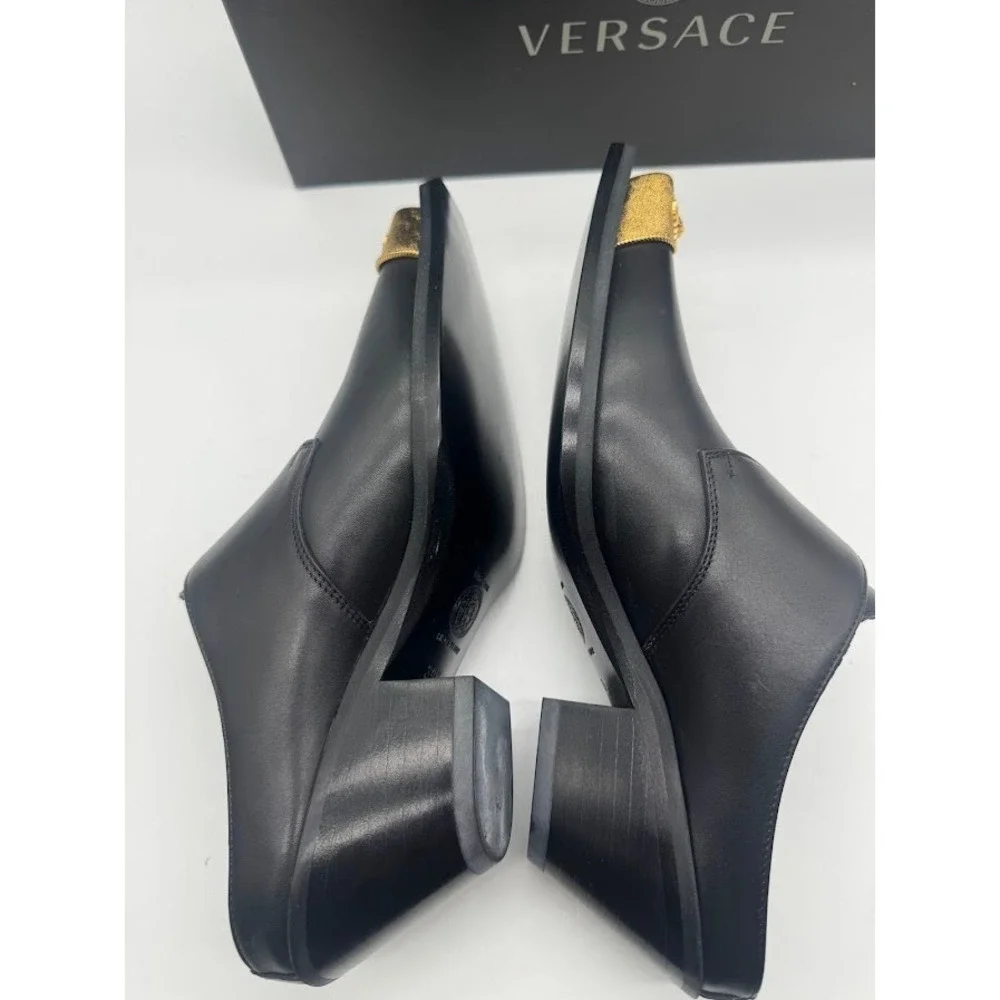 Versace Sabot Leather Western Mule Medusa Gold Toe Black EU 39.5 US 9 NIB - Picture 9 of 14